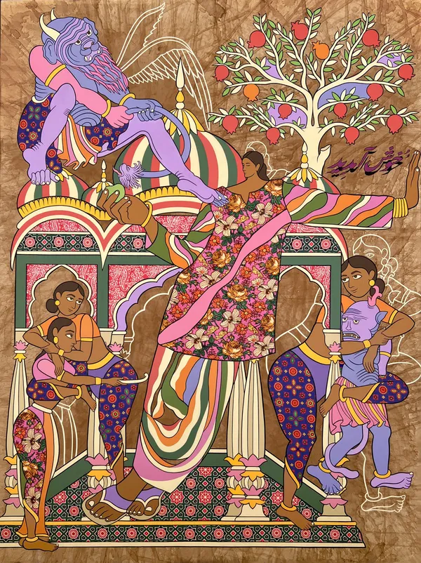 Haya Zaidi Axis Mundi, 2026 Acrylics, textiles and teawash on canvas 48 x 36 in. (121.92 x 91.44 cm)