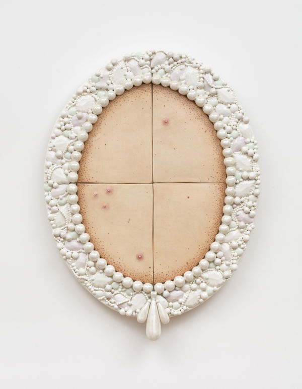 Jessica Stoller Untitled (close up #2), 2019 Porcelain, glaze, china paint, lustre, wood 19 x 14 1/4 x 2 in 48.3 x 36.2 x 5.1 cm