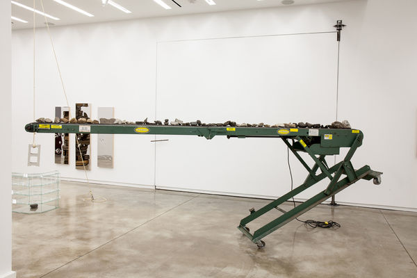 Glenn Kaino Suspended Animation, 2014 Found rock conveyor, rocks 63 x 173 x 41 in 160 x 439.4 x 104.1 cm