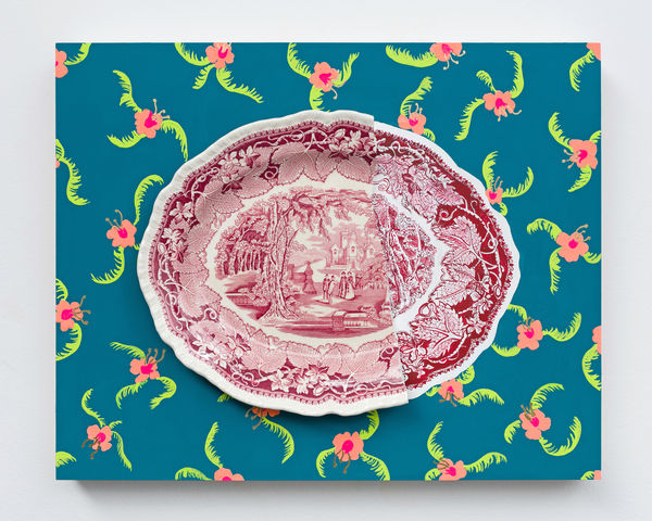 Suchitra Mattai b. 1973lost in translation, 2021 Gouache and found plate fragment 16 x 20 in 40.6 x 50.8 cm