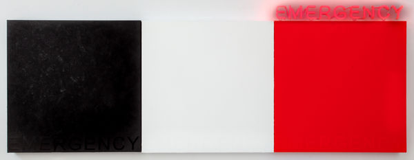 Deborah Kass b. 1952Emergency #3 (Black, White, Red), 2020 Acrylic and neon on canvas 32 x 88 x 3 in 81.3 x 223.5 x 7.6 cm