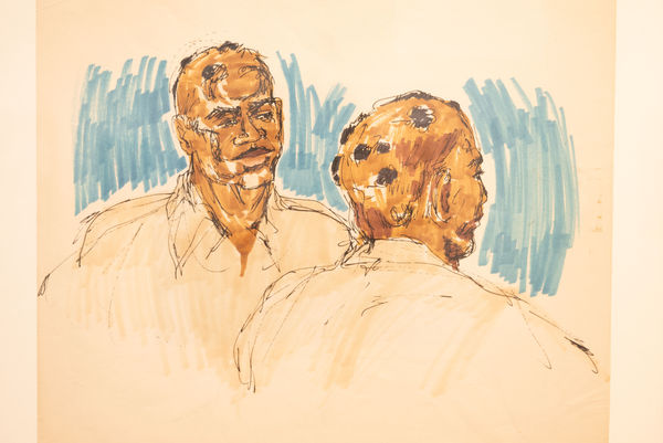 Lee Dozier News Drawing: The Trials of Huey P. Newton and Angela Y. Davis, 1970s Ink, marker Image: 14 x 16 1/2 in. (35.56 x 41.91 cm) Frame: 16 3/4. 20 3/4 x 1 1/4 in. (42.55 x 52.71 x 3.18 cm)