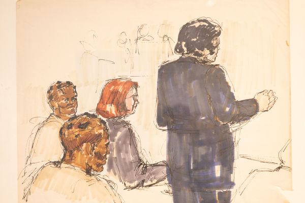 Lee Dozier News Drawing: The Trials of Huey P. Newton and Angela Y. Davis, 1970s Ink, marker Image: 14 x 16 1/2 in. (35.56 x 41.91 cm) Frame: 18 1/4 x 19 7/8 x 1 1/4 in. (46.36 x 50.48 x 3.18 cm)