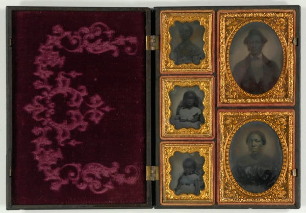 Unknown Portraits of a Man, Woman, and Three Children, from Kansas City Two 1/8, and three 1/16 plate Ambrotypes, cased together