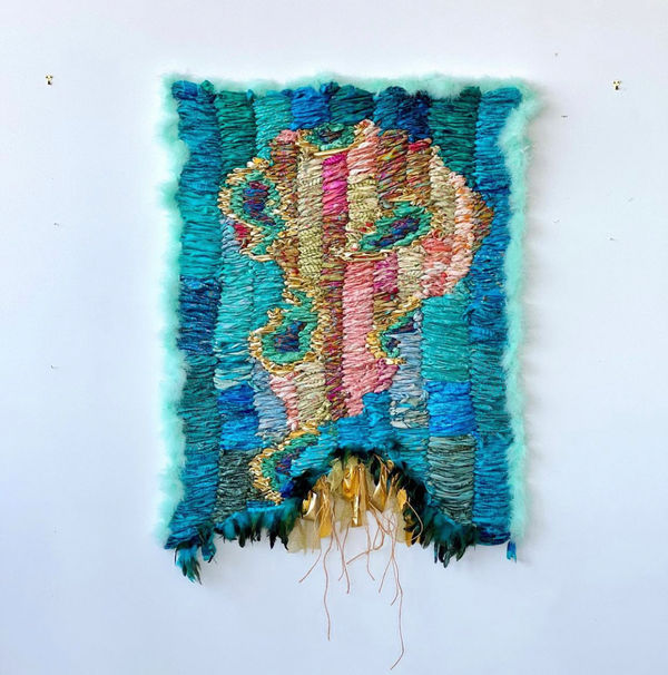Suchitra Mattai the flame turned blue, 2022 Vintage saris, jute, fabric, and boas 60 x 42 in 152.4 x 106.7 cm