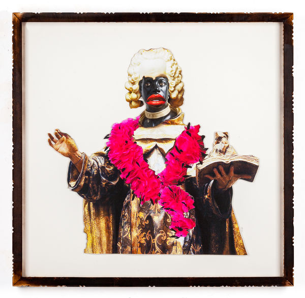 Stan Squirewell Saint Pete, 2019 Mixed media collage and carved scorched frame 32 1/2 x 31 x 3 in 82.5 x 78.7 x 7.6 cm