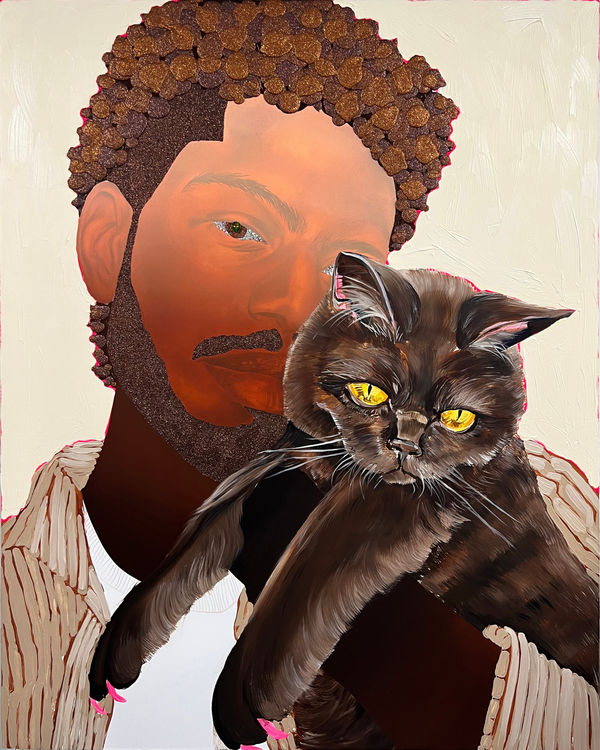 Devan Shimoyama Self Portrait with Cookie, 2023 Oil, color pencil, Flashe, rhinestones, acrylic, collage and glitter on canvas stretched over panel 60 x 48 in. 152.4 x 121.9 cm