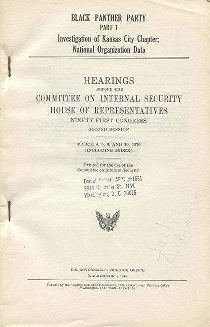 U.S. Government Printing Office Black Panther Party - Part 1 - Investigation of Kansaa City Chapter; National Organization Data, c. 1970 Book Washington, D.C.