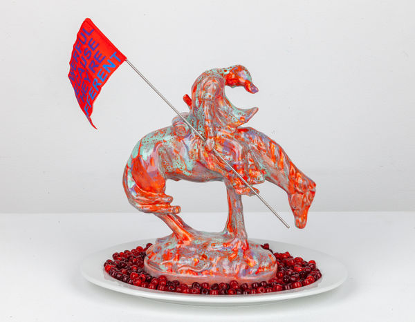 Jeffrey Gibson b. 1972Powerful Because They're Different, 2021 Porcelain, Pottery Glaze, Steel Rod, Acrylic Chiffon, Glass Beads, Porcelain Base 14 x 12 x 6 in 35.6 x 30.5 x 15.2 cm Edition of 30