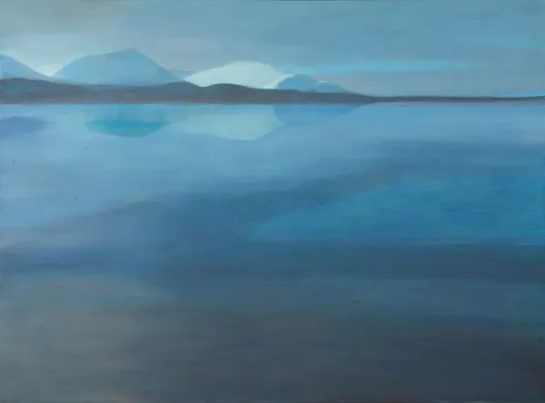Jane MacNeill Loch Reflecting Winter Mountains oil on board 58cm x 68cm