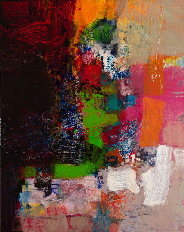 Christopher Wood RSW The Noise Grew Softer, 2025 acrylic, mixed media and collage on box panel 97cm x 76cm