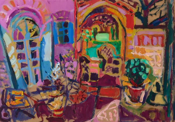 Leonie Gibbs Tuscan Courtyard with French Windows, Arniano, 2018 oil on board 44cm x 63cm