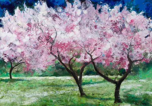 Ann Oram Blossom Trees in the Meadow, 2021 acrylic 48cm x 68cm (66.5cm x 86cm framed)