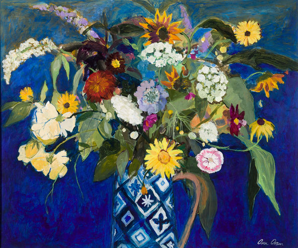 Ann Oram Summer Flowers in a Blue Patern Jug acrylic on gesso board 50 x 60 cm 19 3/4 x 23 5/8 in