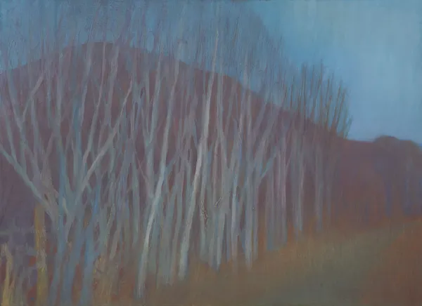 Jane MacNeill Red Hill and Winter Trees oil on board 44cm x 60cm