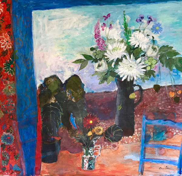 Ann Oram Still Life with Flowers and a Blue Chair acrylic 107cm x 119cm