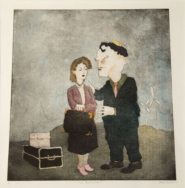 Robert Powell The Reception: Malcolm Canmore and Saint Margaret, 2019 etching and watercolour 30cm x 30cm