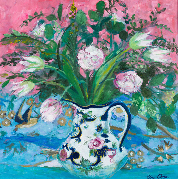 A bunch of Tulips on Pink and Blue