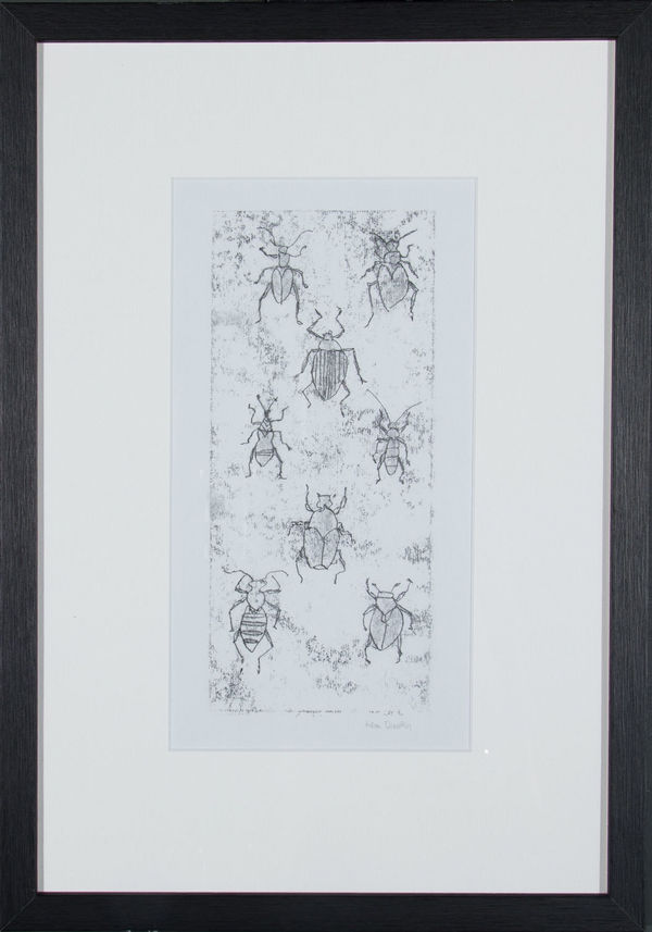 Helen Denerley Beetles, 2023 monoprint 30cm x 15cm (48cm x 34cm framed)