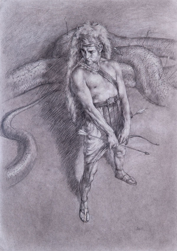 Paul Reid Apollo and Python drawing, 2014 charcoal and chalk drawing 59cm x 42cm