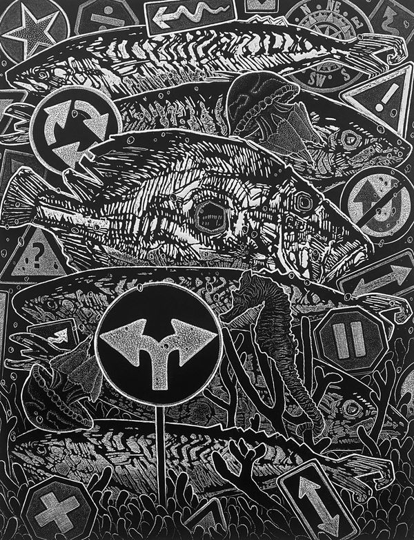 Ade Adesina Every way but forward, linocut with Ian Burke, 2020 80cm x 60cm Edition of 30