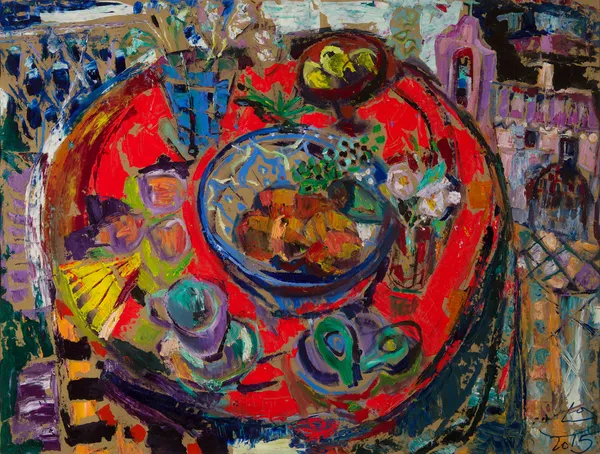 Leonie Gibbs Spanish LIfe, Trassierra, 2015 oil on board 74cm x 94cm