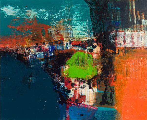 Christopher Wood RSW Through the Rain, 2025 mixed media and collage on box panel 76cm x 91cm (96cm x 111cm framed)