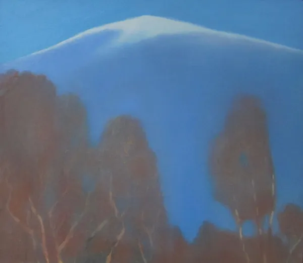 Jane MacNeill Birches and Snow Mountain oil on board 30cm x 34cm