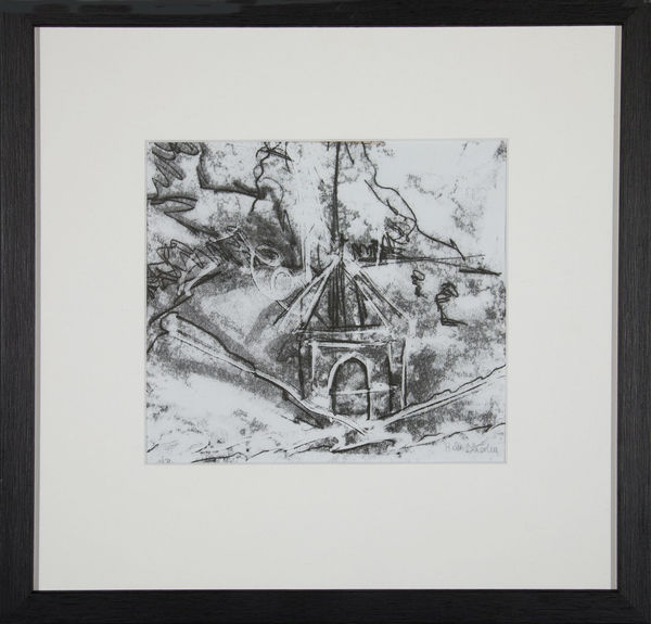 Helen Denerley Ghost Church in Andalucia, 2023 monoprint 19cm x 22cm 37cm x 38cm framed