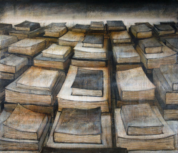 Peter White Books 1 oil, acrylic and wax 122cm x 140cm