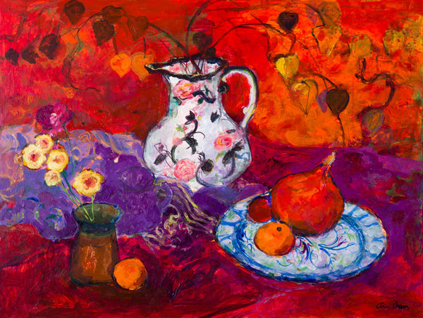Ann Oram Red Still-life with Chinese Lanterns mixed media on board 46cm x 61cm