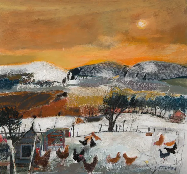 Christine Woodside RSW RGI Hill Foot Hens, 2019 mixed media 46cm x 48cm 18 x 19 in