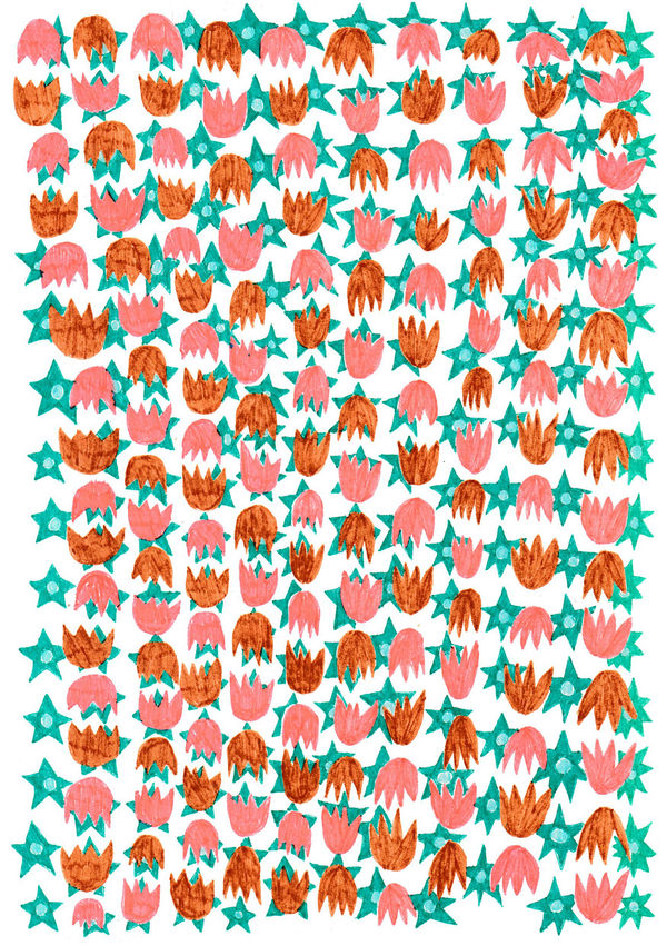 Abi Ola, Flowers and Stars, Pink, Brown, Turquoise and Gemstone blue, 2023