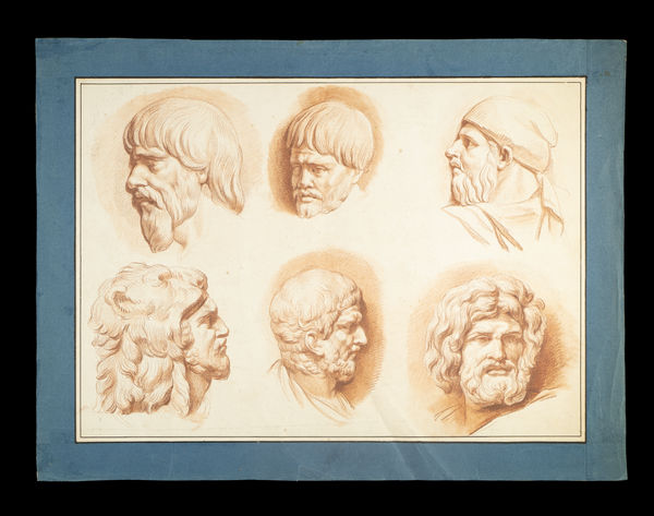 Six profile sketches of bearded men, each with distinct expressions and headwear by female artist Catherine Saint-Ours, daughter of Jean-Pierre Saint-Ours..