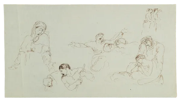 18th-century brown ink figure study by Swiss artist Jean-Pierre Saint-Ours, featuring expressive sketches of mourning or lamenting figures in various poses of distress and grief.