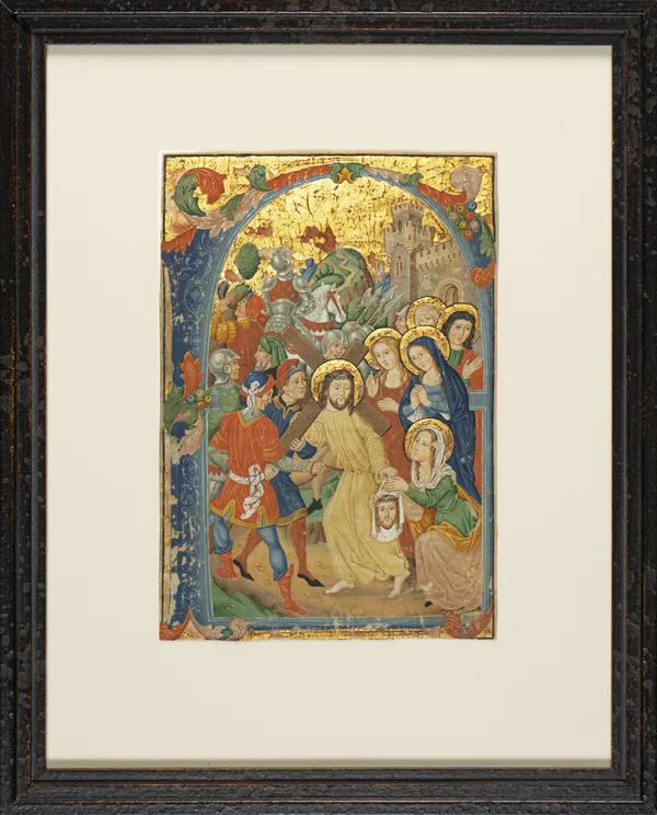 Framed hand-painted manuscript illumination of the Ascent to Calvary by the Spanish Forger, showing Jesus carrying the cross and Saint Veronica, framed by a blue and gold Gothic border.