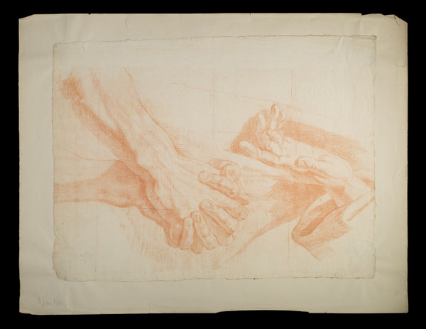 Detailed drawing of hands in a grasping gesture, by Carle van Loo.