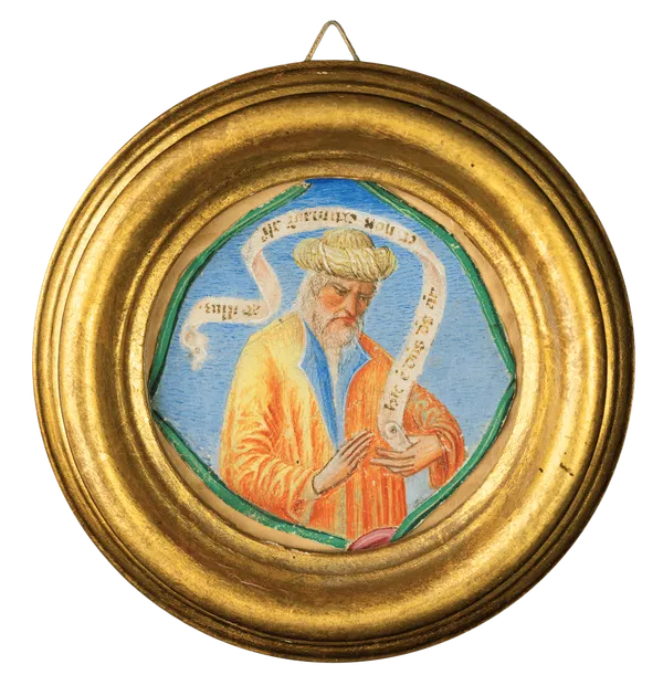 An Italian Renaissance miniature from an illuminated manuscript, depicting a Prophet with a turban and scroll by a Veronese Illuminator, late 15th century, circular gold frame.