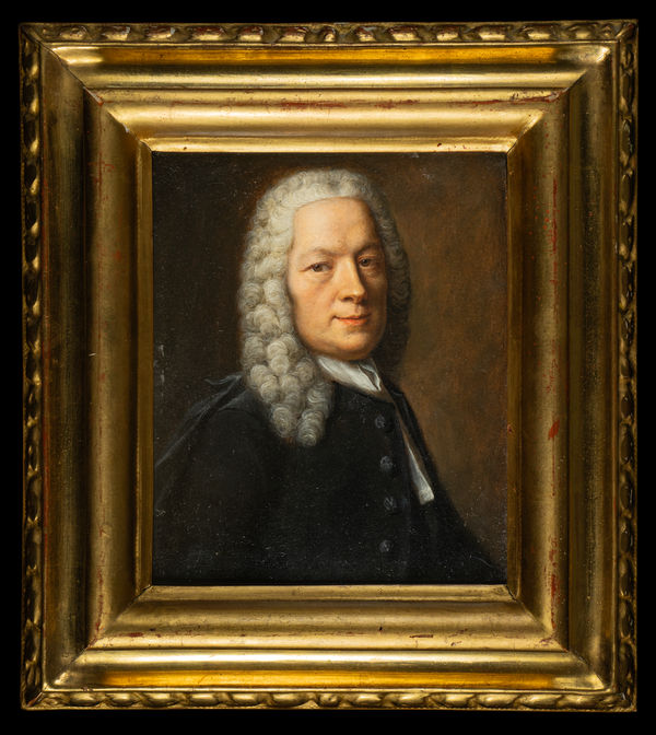 Portrait of a man with curly hair in formal attire and yearing a black coat, set against a dark background, by Robert Gardelle.