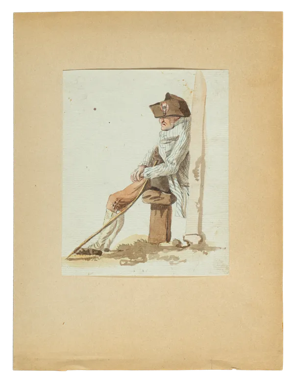18th-century watercolor painting by a Geneva artist depicting a seated revolutionary figure wearing a striped jacket and a cockade hat, leaning against a post.