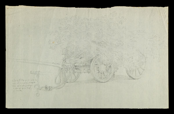 Pencil sketch of a cart filled with foliage by Wolfgang-Adam Töpffer, highlighting detailed wheels and branches, by Wolfgang-Adam Töpffer.