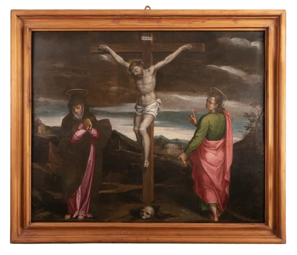 One large panel painting by an italian mannierism painter, probably Gaspare Venturini, depicting the Crucifixion