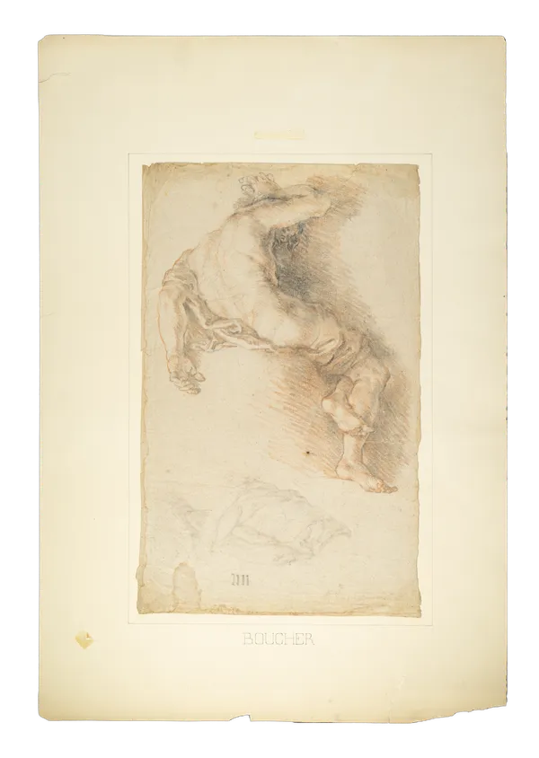 Charles de la Fosse drawing, study of a male nude figure in motion. Dynamic pose sketched in red and black chalk (trois crayons technique)