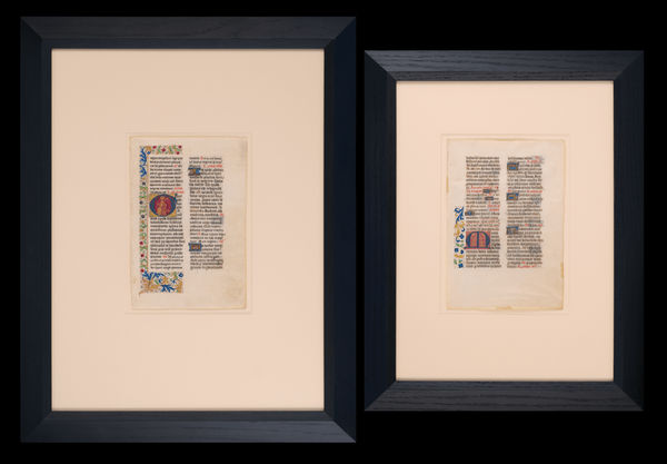 Two illuminated leaves from a medieval Breviary. One depicts Saint Catherine of Alexandria in gold (camaïeu)