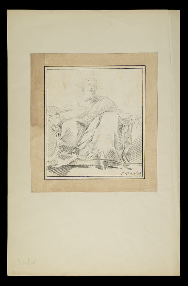 Sketch of a seated figure with a halo, draped in flowing robes by Carle van Loo.