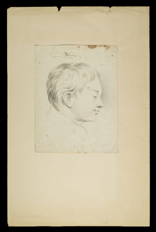 Jacques Saint-Ours. Profile drawing of a young child's face in soft pencil, capturing serene expression.