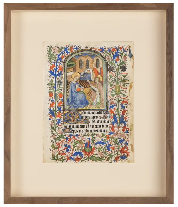 One framed illuminated miniature from a medieval Book of Hours realized in Amiens, France, c. 1430-1440 by the Master of Raoul d'Ailly (and workshop) and depicting the Annunciation.