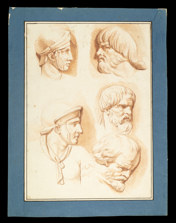 Five profile sketches of men with various headwear and facial hair, showcasing classical features by female artist Catherine Saint-Ours, daughter of Jean-Pierre Saint-Ours.