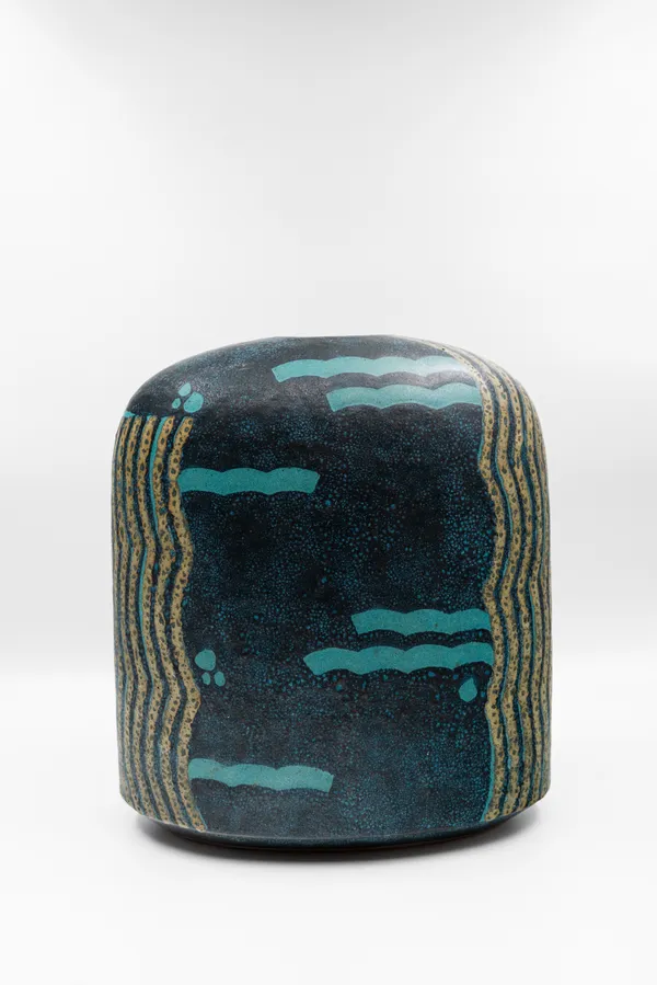 Taimei Morino b. 1934 Flat jar Signed on underside Glazed Stoneware 13 1/2 x 12 1/2 x 6 in