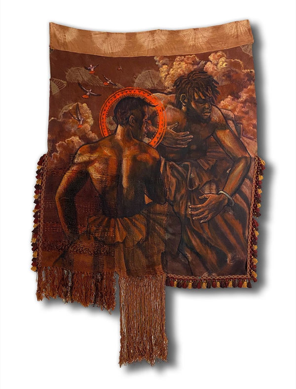 Stephen Hamilton Tukula: The Second Moment of The sun, 2022 Acrylic and natural dyes and pigments on burlap and handwoven cotton cloth 92 x 62 in (233.7 x 157.5 cm)